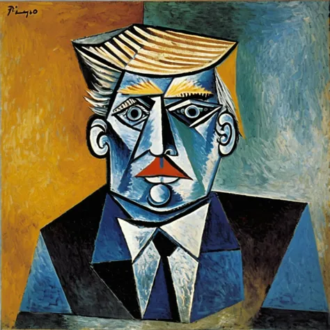 p1c4ss0, a abstract painting of Donald John Trump, by pablo picasso, Cubism, <lora:p1c4ss0_003:0.9>