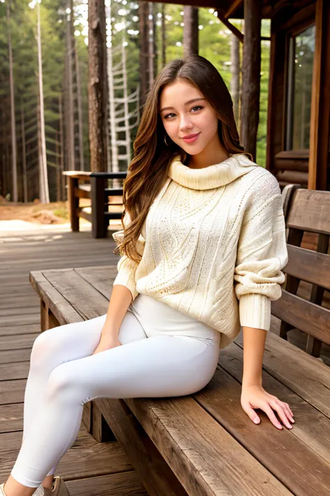 kenerly, <lora:kenerly:0.6>, long hair, smiling, modern photo, (wearing white edgPO pullover, edgPO), <lora:edgPullovers:1>, (wearing leggings), (cowboy shot), (35mm, F/2.8) Photo Focus, DOF, Aperture, insanely detailed and intricate, character, hypermaximalist, beautiful, revealing, appealing, attractive, amative, hyper realistic, super detailed, beautiful girl, ((detailed eyes)), long eyelashes, (glossy lips), sitting on a wooden bench, forest cabin, daytime, bright lighting, modeling