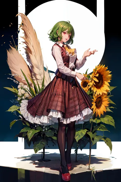 masterpiece, best quality, <lora:kazami:1>,1girl, kazami yuuka, green hair,solo, flower, umbrella, red footwear, green hair, ski...