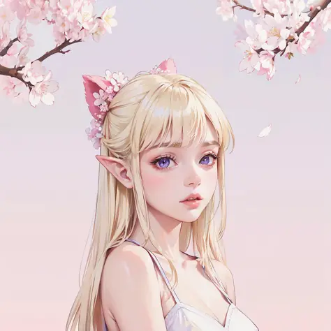 masterpiece, msks style, SLE, 1girl, blonde, purple eyes, pointy ears, bare shoulders, max detail background, cherry blossom scenery <lora:Lil-Lizzie-Style-V1:1>