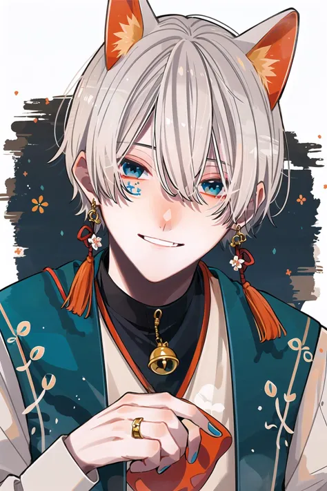 koikoi, 1boy, mask, male focus, blue eyes, jewelry, bell, looking at viewer, solo, fox mask, earrings, blue nails, flower, white...