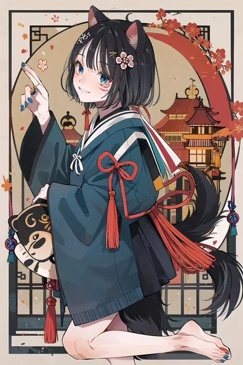 koikoi, 1girl, animal ears, solo, tail, flower, black hair, blue eyes, looking at viewer, shimenawa, smile, hair ornament, bangs...