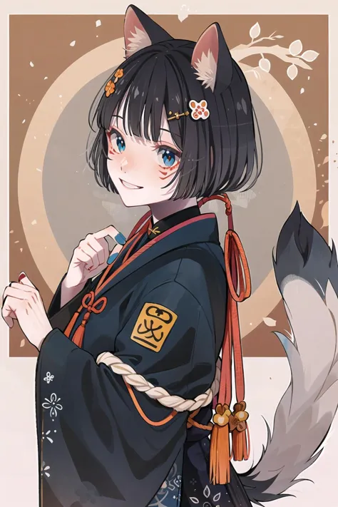 koikoi, 1girl, animal ears, solo, tail, flower, black hair, blue eyes, looking at viewer, shimenawa, smile, hair ornament, bangs...