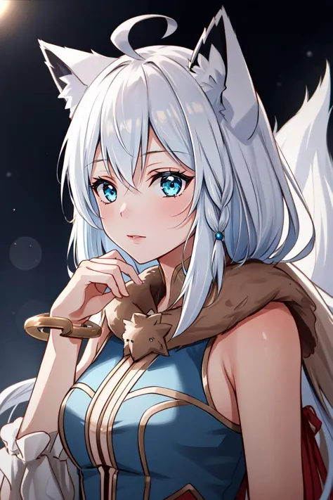 a woman with white hair and blue eyes holding a knife