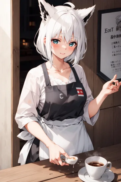 shirakami fubuki girl wearing apron, white hair <lyco:KitsuneAi-FBK-LoCon32V2:0.8>
BREAK
at a cafe