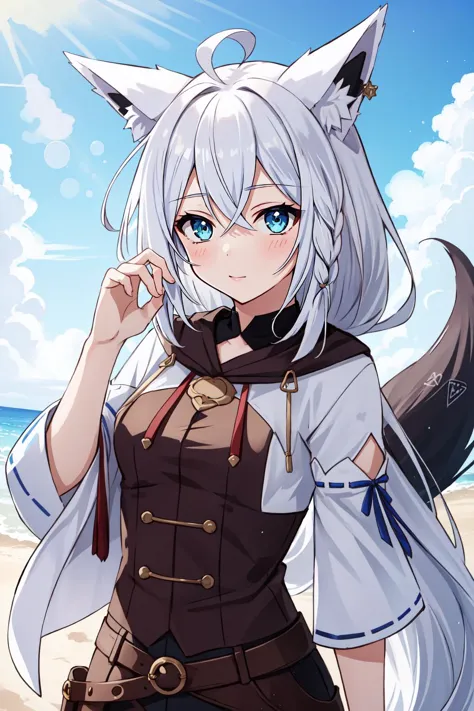 (masterpiece, best quality),  intricate details,
1girl,  <lyco:KitsuneAi-FBK-LoCon32V2:0.8> white hair, fox tail, fox ears,  blue eyes, white ahoge, 
prettyeyes,   <lora:cowgirl_outfit_v0.1a:0.8> cowgirl outfit,