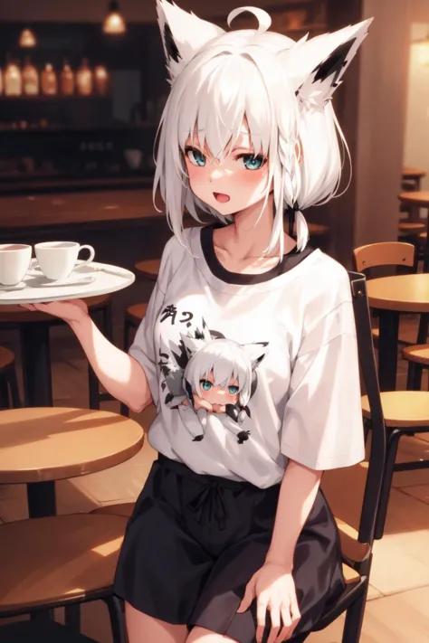 anime girl with white hair and blue eyes holding a plate