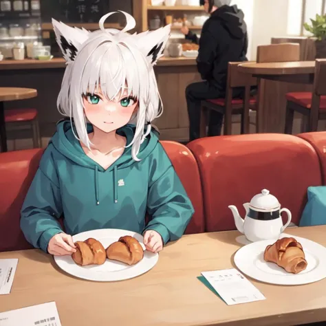 anime girl sitting at a table with a plate of food