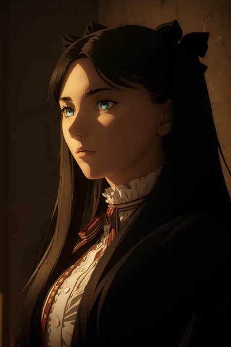 a woman with long black hair and blue eyes in a dark room