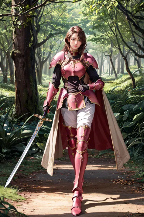 (masterpiece, best quality, ultra detailed, absurdres:1.5), 1girl, (sexy, beautiful woman, perfect face, perfect eyes, perfect female body:1.5), (sheena, armor, pants, gauntlets, armored boots, cape, high heels, shoulder armor, breastplate, pauldrons, greaves, gloves, pink footwear, faulds, holding sword, holding shield, <lora:sheenaV1-000009:0.8>), (standing, outdoors, forest), perfect lighting, smooth, hdr