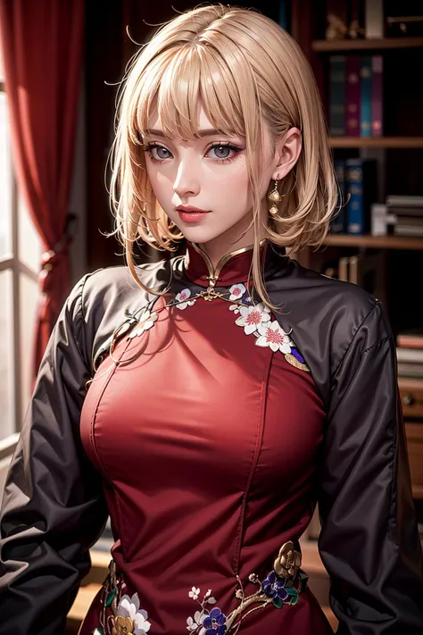 masterpiece,ultra highres,ultra detailed,best quality,
1girl,blonde hair,qipao,upper body,solo,