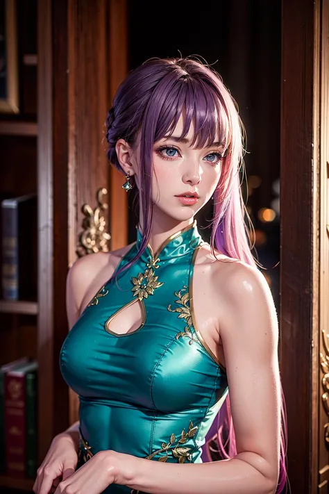 masterpiece,ultra highres,ultra detailed,best quality,
1girl,purple hair,green dress,china dress,upper body,solo,