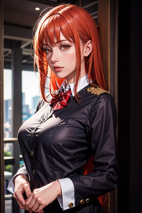 anime - style woman with red hair and uniform posing in front of a window