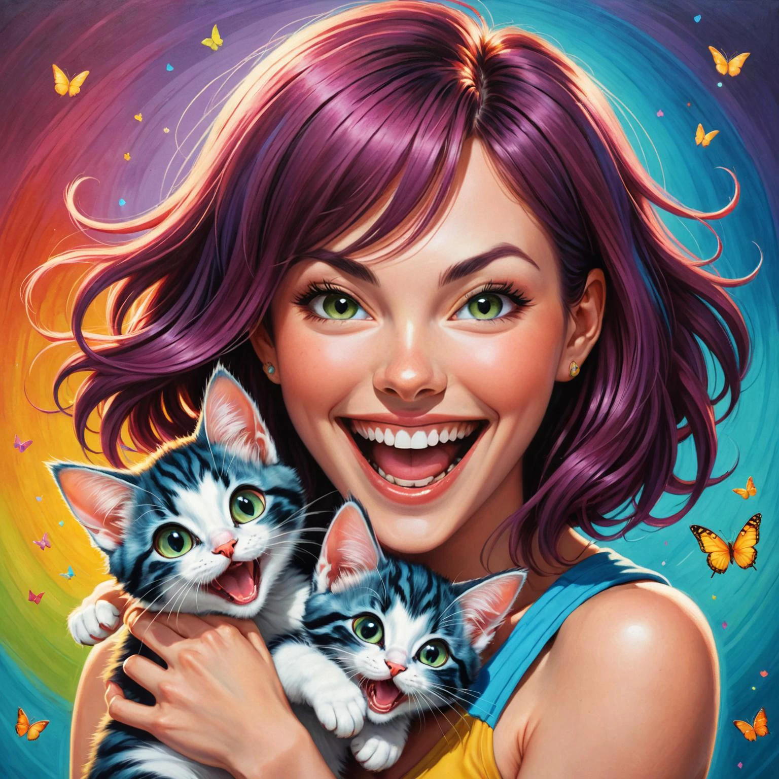 Pastel al óleo digital de 8k sobre lienzoby (((Jeremiah Ketner) y Iliá Kuvshinov) y Lynd Ward) y gama Murata, adorable mujer feliz sosteniendo dos gatitos, risa maníaca dof, 