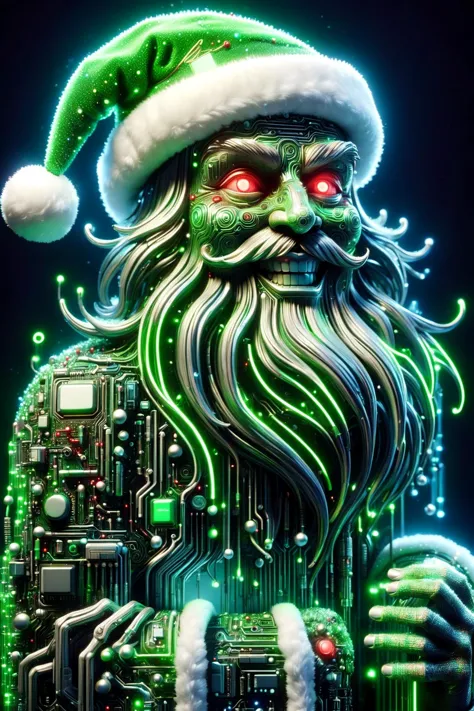 the head of a Santa Claus made of ral-semiconductor in the style of aaron horkey, <lora:DonMW15pXL-000008:1> DonMW15pXL, neon gr...