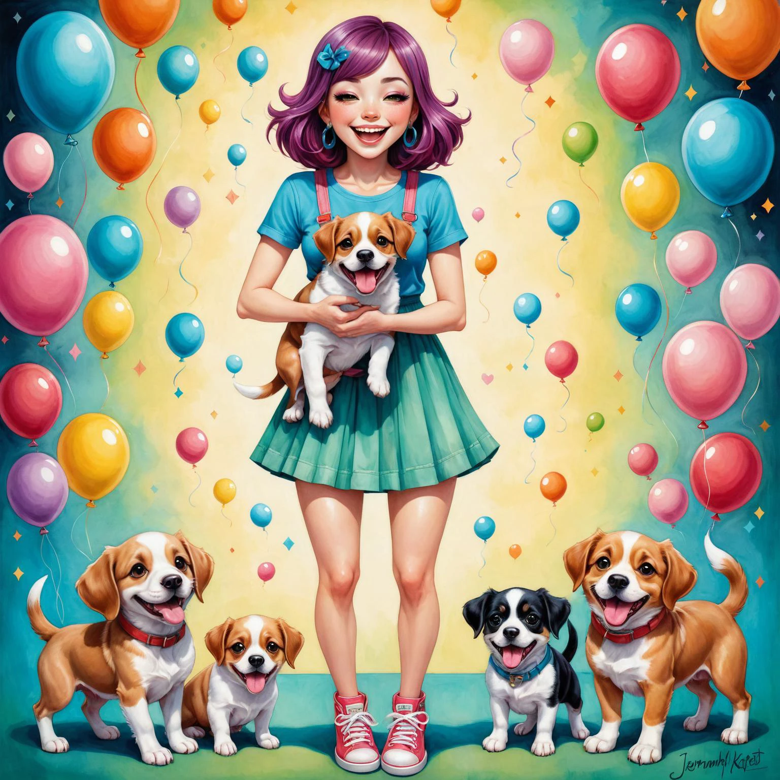 cuerpo entero óleo y acuarela pastelby (((Jeremiah Ketner) y Hikari Shimoda) y Chris Marte) y Pascal Mannaerts, linda mujer sosteniendo dos cachorros, risa maníaca 