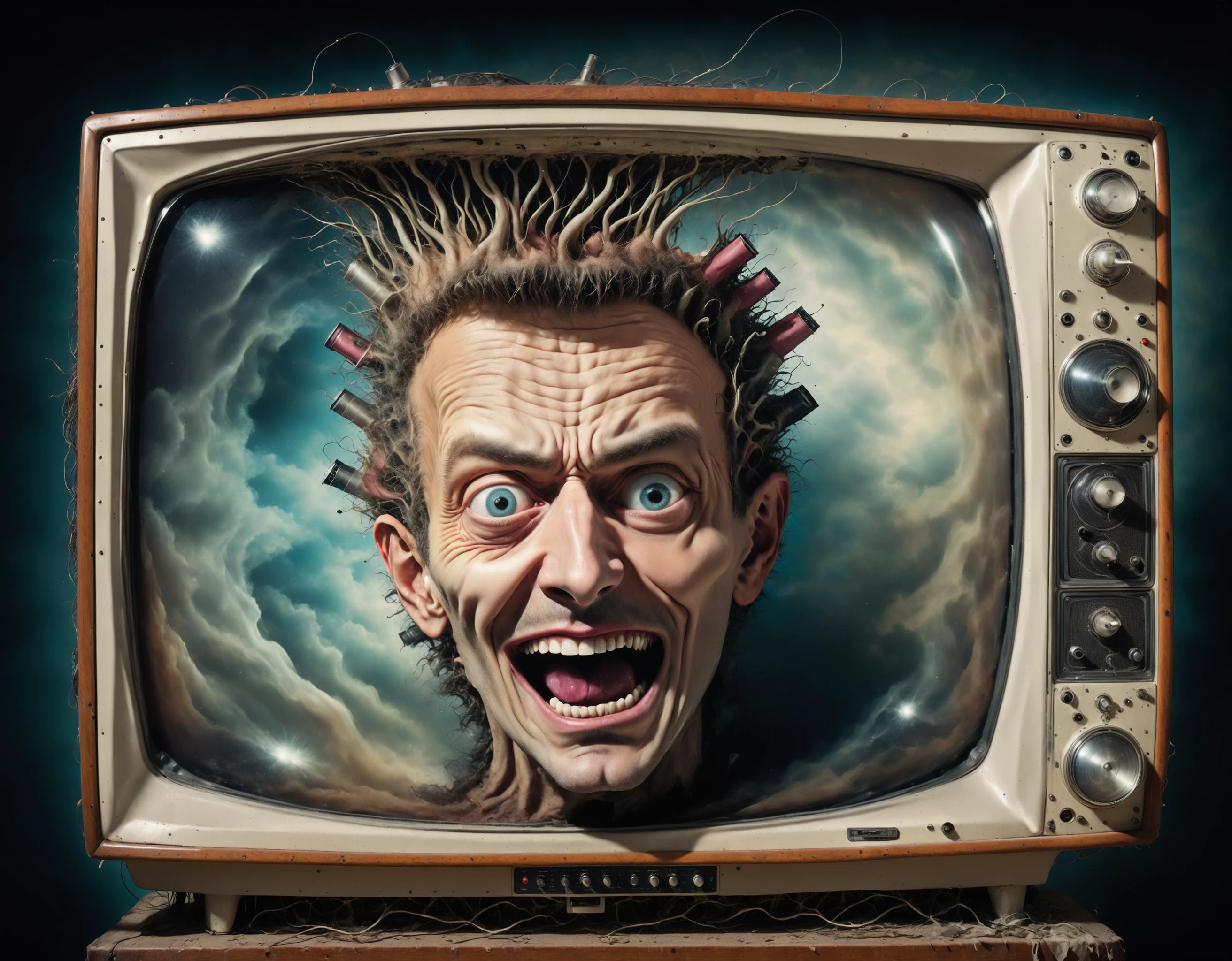 رأس رجل مجنون يخرج من جهاز تلفزيون قديم, دراماتيكي, الوئام السريالي, ضحك مهووس