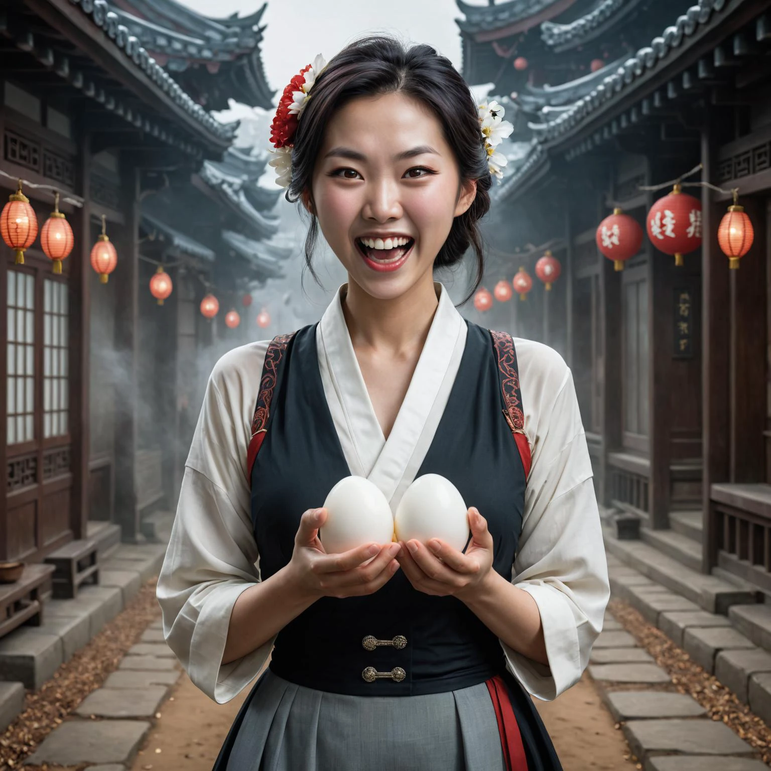 par Terry Oakes et Tom Bagshaw et Andreas Franke, jolie femme coréenne à double usage tenant deux œufs blancs, rire maniaque 