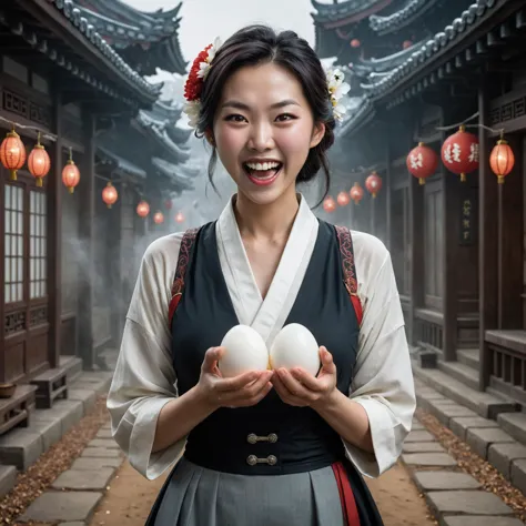 by Terry Oakes and Tom Bagshaw and Andreas Franke, cute Korean woman dual wielding holding two white eggs, maniacal laughter <lo...