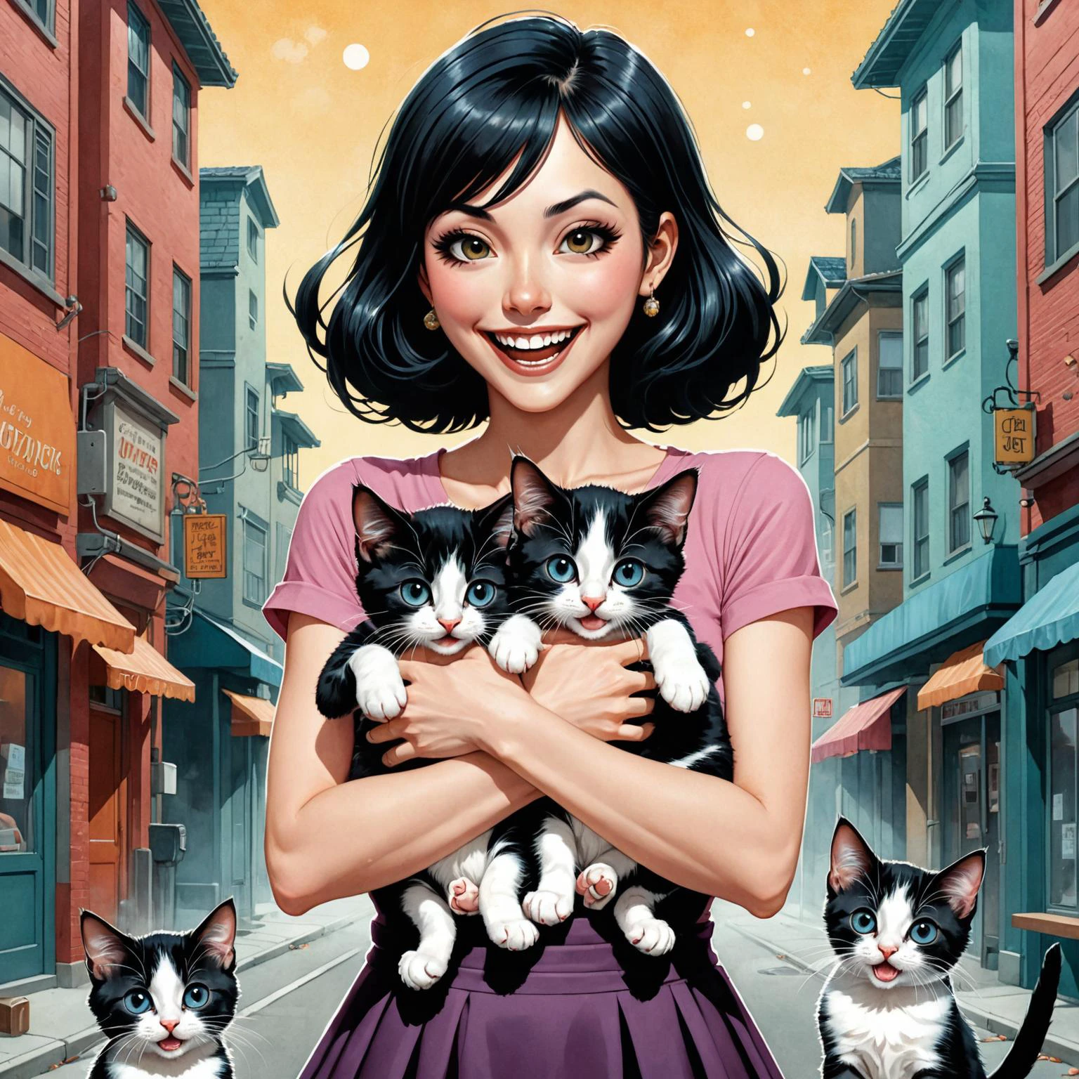 cinematic painting  by (((Jeremiah Ketner) and  Harumi Hironaka) and John Salminen) and Alessandro Gottardo, cute woman holding two kittens, maniacal laughter 