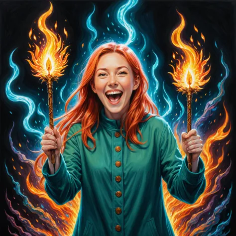 8k digital oil pastel on canvasby (((Alan Lee) and Yuumei) and Sydney Edmunds) and Kelly Vivanco, cute happy woman holding up two firey magical wands, maniacal laughter