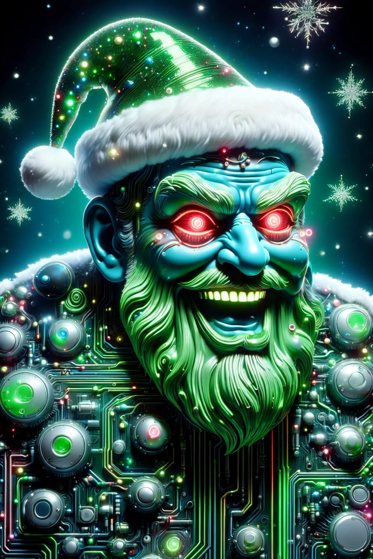 亞倫霍基 (Aaron Horkey) 風格的勞爾半導體製成的聖誕老人頭像, 唐MW15pXL, 霓虹綠色照明, 霓虹綠服裝, (霓虹紅的眼睛:1.3), 漂浮的, 星體, DonMN30nChr1stGh0stsXL 瘋狂的笑聲 (傑作:1.2), 最好的品質, (超詳細, 最詳細的:1.2), 高解析度紋理