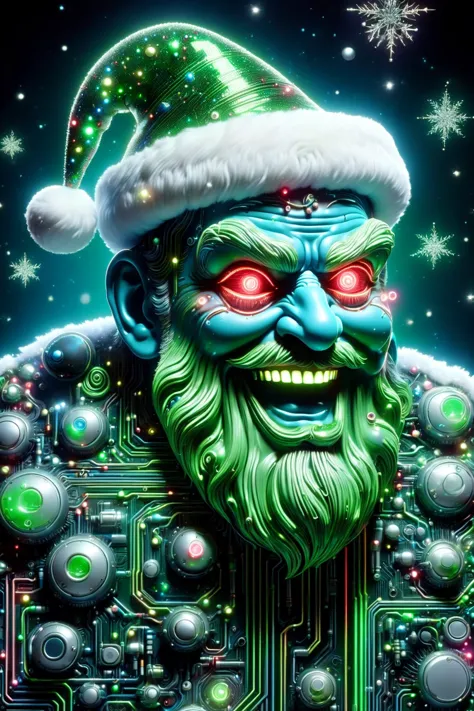 the head of a Santa Claus made of ral-semiconductor in the style of aaron horkey, DonMW15pXL, neon green lighting, neon green clothing, (neon red eyes:1.3), floating, astral, DonMN30nChr1stGh0stsXL maniacal laughter (masterpiece:1.2), best quality, (hyperdetailed, highest detailed:1.2), high resolution textures