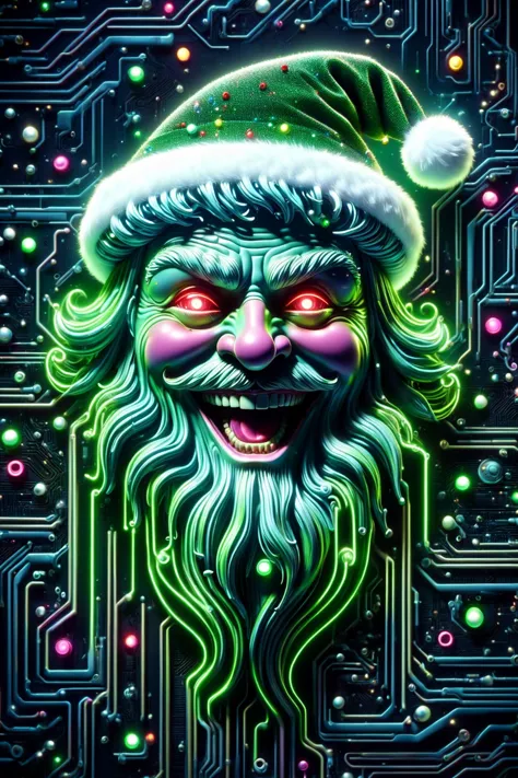 the head of a Santa Claus made of ral-semiconductor in the style of aaron horkey, <lora:DonMW15pXL-000008:1> DonMW15pXL, neon green lighting, neon green clothing, (neon red eyes:1.3), floating, astral, <lora:ral-semiconductor:0.6> <lora:DonMN30nChr1stGh0stsXL:1> DonMN30nChr1stGh0stsXL <lora:maniacal_laughter:1.2> maniacal laughter <lora:EnvyBetterHiresFixXL01:1>, (masterpiece:1.2), best quality, (hyperdetailed, highest detailed:1.2), high resolution textures