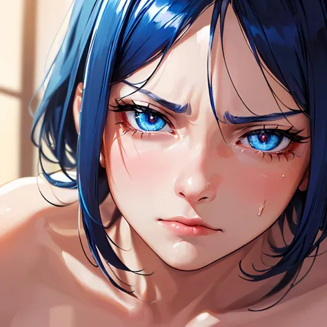 (masterpiece, highres, best quality, vivid, dynamic light:1.2), (closeup dynamic angle face shot:1.3), solo:1.5, mature woman, (happy moan stare eyes face:1.5), , huge heavy wide clean breast cleavage:1.5,  soxe blue hair, curvy, thick, nude:1.5, shiny clean skin,