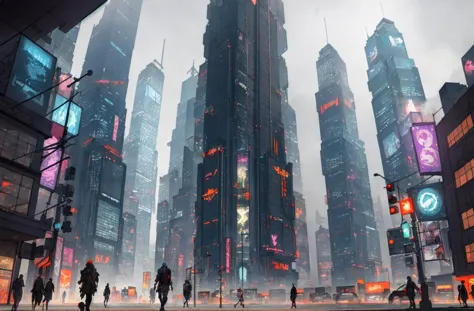 futuristic city with people walking in the street and skyscrapers