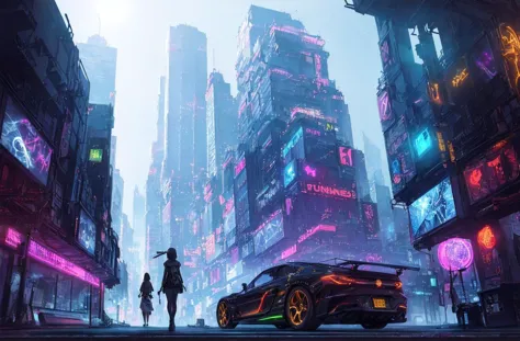 cyber city with neon lights and a car on the street