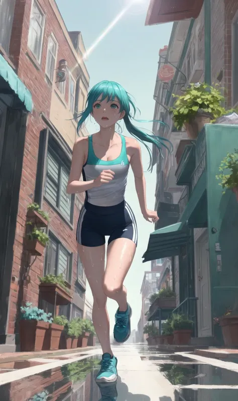 a woman running down a street in a city with buildings