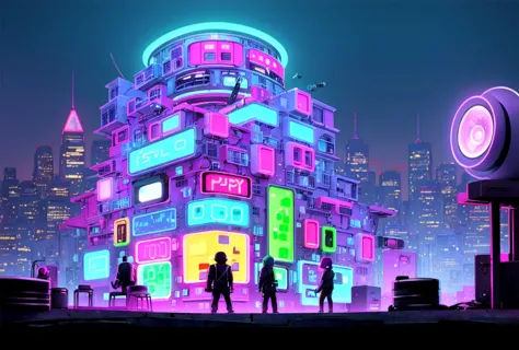 a group of people standing in front of a neon lit building