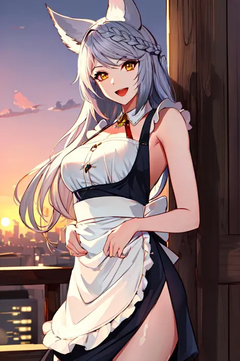 (masterpiece), (best quality), (detailed), (highres), cowboy shot, <lyco:gbfraux_v1-03:0.7>, gbfraux, solo, strong, ivory skin, medium breasts, wearing apron, animal ears, long hair, grey hair, yellow eyes, detailed face, :d, on back, Vibrant sunset over the city, soft glow