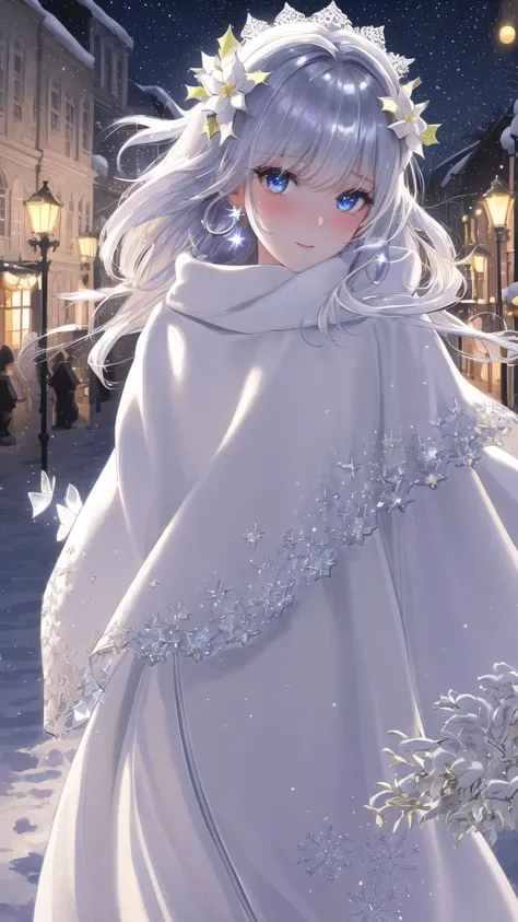 a woman in a white dress and a white cape is walking through the snow