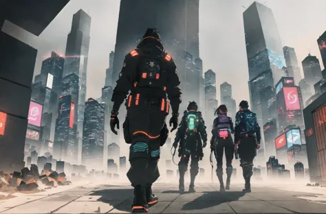 a group of people walking down a street in a futuristic city