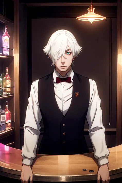 (masterpiece:1.15), (best quality), (detailed), (highres), inside cyberpunk night bar, alcohol, neon lights, upper body, decim \(death parade\), wearing black vest, red bowtie, facing viewer, standing behind the bar table <lyco:char_ironcatlora7Decim_v10:0.8>