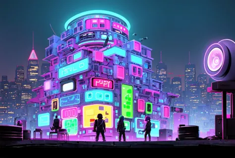 post modern, cyberpunk, (cityscape), masterpiece, best quality, building, (neon),  (fisheye lens:1.3), <lora:toon_mix:0.6>