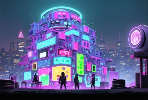 a group of people standing in front of a neon lit building