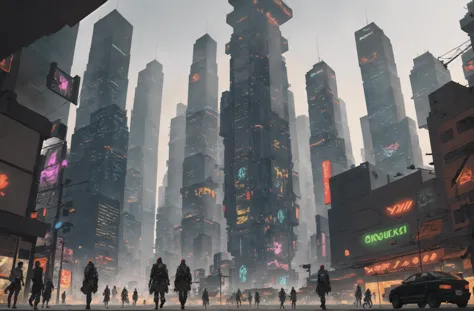 a group of people walking down a street in a futuristic city