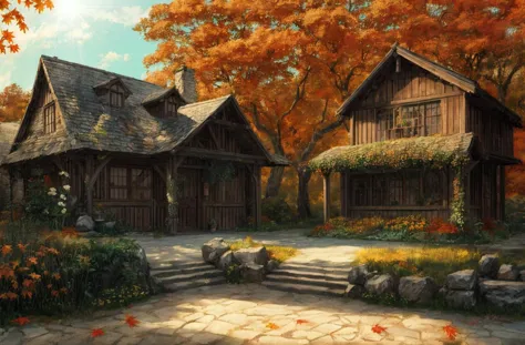 painting of a house in the fall with a stone pathway