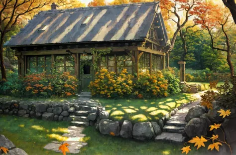 painting of a house in the woods with a stone pathway