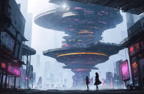 futuristic city with a giant structure in the middle of the street