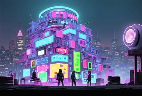 a group of people standing in front of a neon lit building