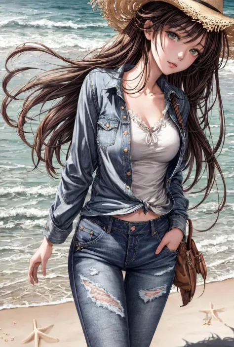 pov,best quality,masterpiece,illustration,an extremely delicate and beautiful,extremely detailed,CG,unity,8k wallpaper,Amazing,finely detail,masterpiece,best quality,official art,extremely detailed CG unity 8k wallpaper,1girl,cowboy shot,Jeans,Seaside,Beach,Beach,Sun,The light on the face, <lora:add_detail:1>,  <lora:epiNoiseoffset_v2-pynoise:2>