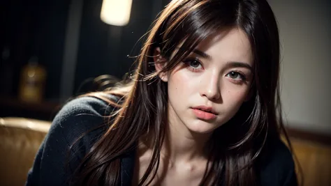 a close up of a woman with long hair and a black shirt