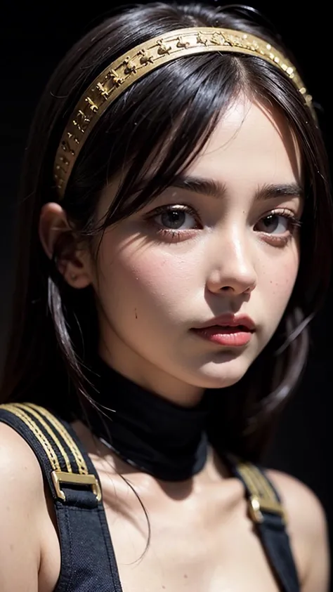 a close up of a woman wearing a gold headband