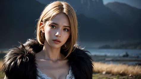 a woman in a white dress and fur coat standing in front of a mountain