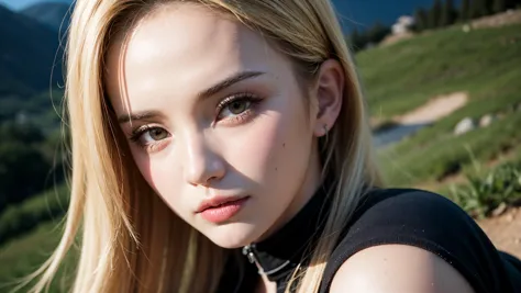 blond woman with long hair and black top posing for a picture