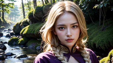 a close up of a woman with long hair standing in front of a stream